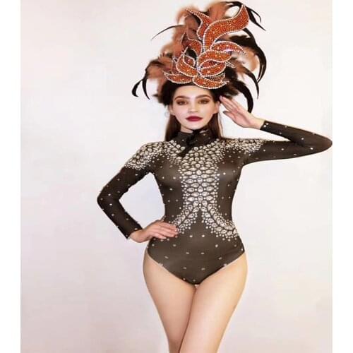 Black jumpsuit Sheer Silver Rhinestone Mock Neck Bodysuit women stage dance feather headdress
