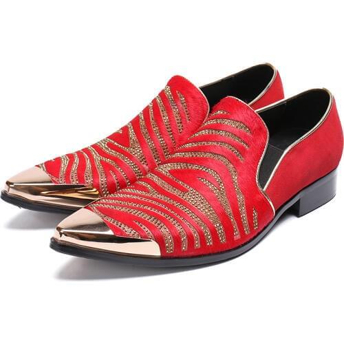 Red Wedding Genuine Leather Gold Metal Pointed Toe Men Dress Shoes Striped Formal Glitter Shoes Business Oxford Shoes for Men