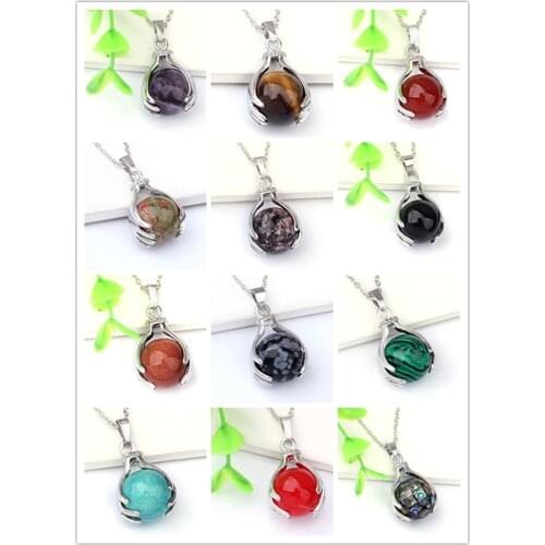 KFT Natural Healing Crystal Quartz Stone Round Beads With Hand Stone Reiki Pendant Necklace Jewelry For Women Men Girls