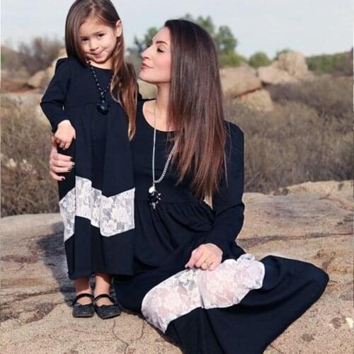 Fashion Women Girls Lace Patchwork Family Dress Autumn Winter Long Sleeve O-neck Long Dresses Family Matching Clothes