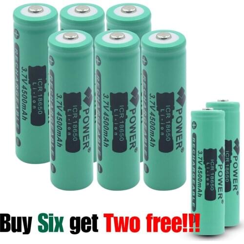 8pcs (buy 6 Get 2 Free) 3.7v 4500 MAh ICR 18650 Lithium Rechargeable Battery Button Top 18650 Li-ion Flashlight Torch Battery