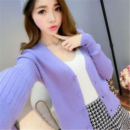 Fashion Slim Cashmere Blended Knitted Short Sweater Women Cardigan Long Sleeve V-neck Single Breasted Solid Color Pull PZ1473