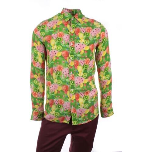 Gentilbay Mens Hawaiian Fruit Printed Viscone Green Slimfit Long-Sleeve Sport Shirt UCZ004