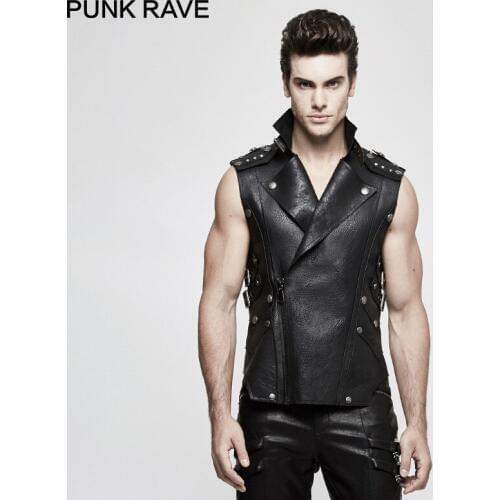 PUNK RAVE Mens Vest Punk Military Split Stripe Vest Coat Fashion Sleeveless Cool Leather Vest Club Party Tank Tops for Men