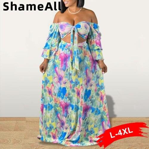 Plus Size Tie-dye Slash Neck Cover Ups 2 Two Pieces Set 4XL Ruffles Long Sleeve Crop Tops Long Maxi Skirts Beach Suits Outfits