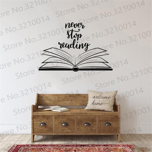 Never Stop Reading Quote Wall Sticker Vinyl Wall Decal Open Book Reading Room Library Decor Removable Murals Wallpaper PW666