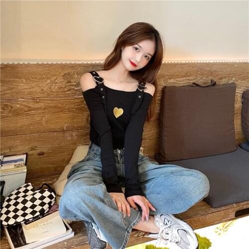 Spring Autumn New Style Black Slim Love Embroidered Sling Long Sleeve T-Shirt Women