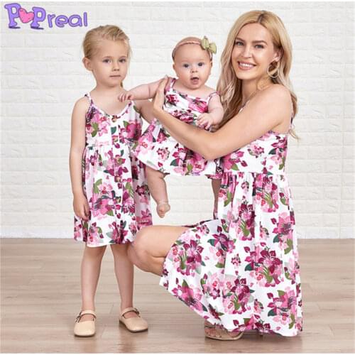 PopReal Summer Mommy and Me Dresses Matching Outfits Sleeveless Short Dress Mom And Daughter Flower Floral Printed Straps