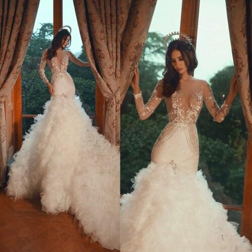 2020 Luxurious Mermaid Wedding Dresses Ruffles Appliques Lace Sequins Tieres Wedding Gowns Dubai Arabic Long Abiti Da Sposa