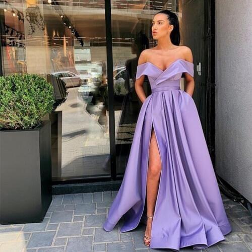 Off Shoulder 2019 Prom Dresses High Split Simple Satin Full Length Purple Evening Gowns Robe De Bal Formal Party Dresses