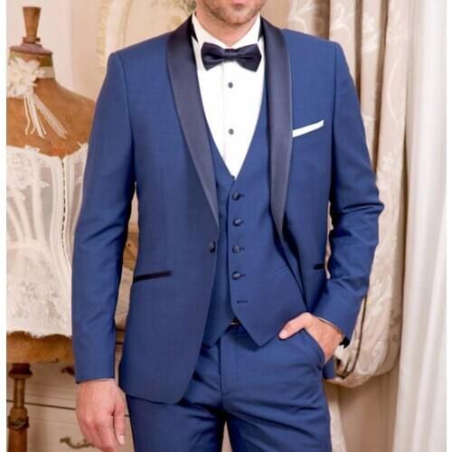 Blue Wedding Groom Tuxedo for Ceremony Prom Men Suit 3 Piece Smoking Business Male Fashion Costume Jacket with Vest Pant New