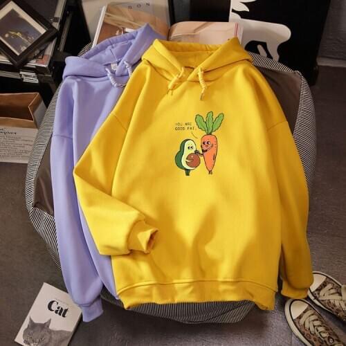 Funny Avocado Carrot Print Sweatshirt Women Winter Korean Harajuku Long Sleeve Graphic Vegan Cute Hoodie Casual Ladies Hooded