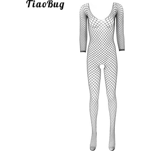 TiaoBug Womens Hollow Out Fishnet Bodysuit Lingerie Scoop Neck Long Sleeves Crotchless Closed Toes Stretchy Full Body Stocking