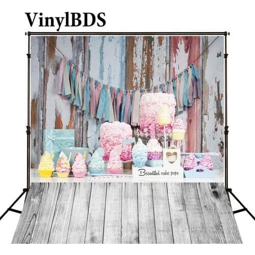 VinylBDS Pink Cake Baby Birthday Children Background Vintage Wooden Wall and Floor Newborn Backdrop for Kids Photo Studio
