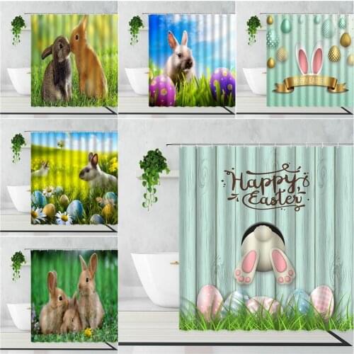 3D Cute Bunny Shower Curtain Meadow Animal Easter Eggs Decor Background Bathroom Waterproof Bath Curtain Set With Hook Polyester