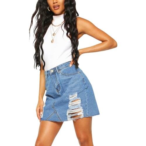 Female Denim Skirt Womens High Waist Package Hip Skirt Ripped Dress for Summer Autumn Blue S/M/L/XL