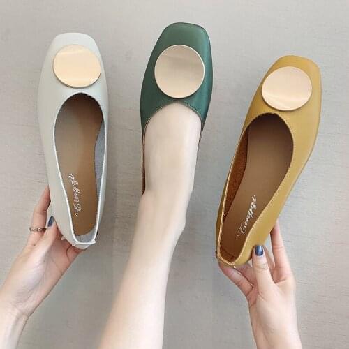 XIXIYIPIN Women Flats Shoes Low Wooden Heel Ballet Square Toe Shallow Buckle Brand Shoes Slip on Loafer Big Size Mujer Sandals