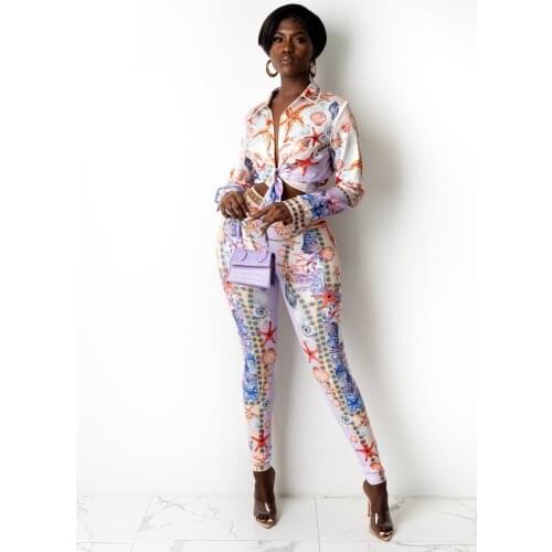 Spring Autumn Women Two Piece Outfits 2021 Tie Dye Long Sleeve Shirts Blouses High Waist Pencil Pants Office Lady Track Suits