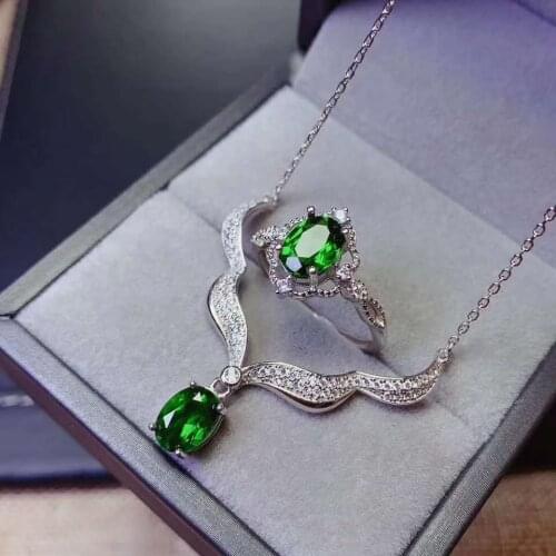 Natural Diopside Gemstone Pendant Necklace Ring Sets 925 Pure Silver Fashion Fine Wedding Jewelry for Women【FS jewelry