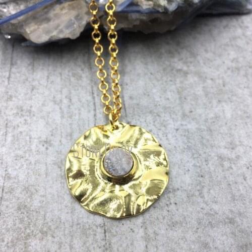 10Pcs Aqua Aura Druzy Crystal Gold Plating Irregular Surface Round Shape Chains Necklaces For Less 18inch-32inch NM4863