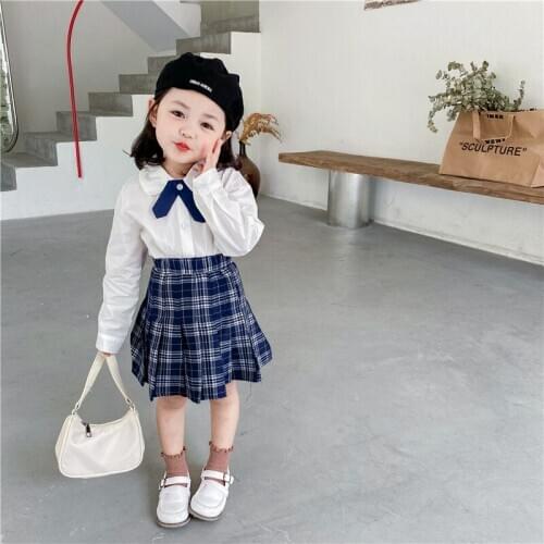 DFXD Preppy Style Kids Girl White Long Sleeve Bow Blouse Top+High Waist Pleated Plaid Skirt 2PC Elegant Suit Girls Clothes Set