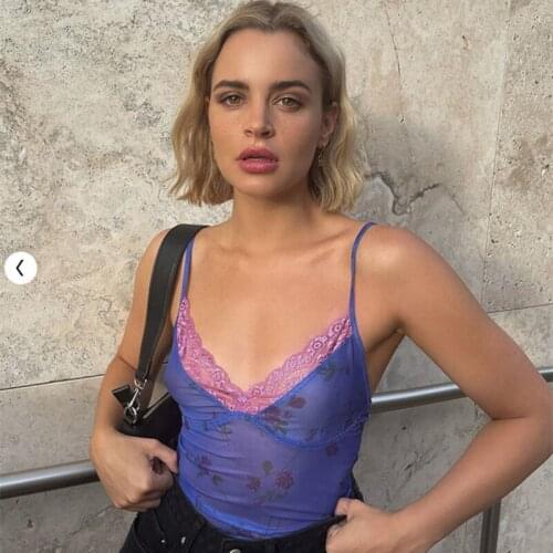 Womens Lace Trim Camisole Sexy Deep V Neck Spaghetti Strap Floral Print Crop Cami Tops For Daily Wear Music Festival