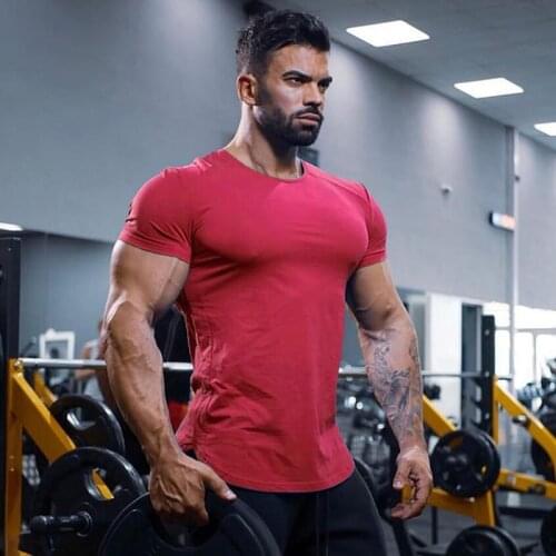 Gym T-shirt Men Cotton Short Sleeve T shirt Fashion Slim Fit Tshirt Male Fitness Workout Tee Tops Summer Bodybuilding Clothing