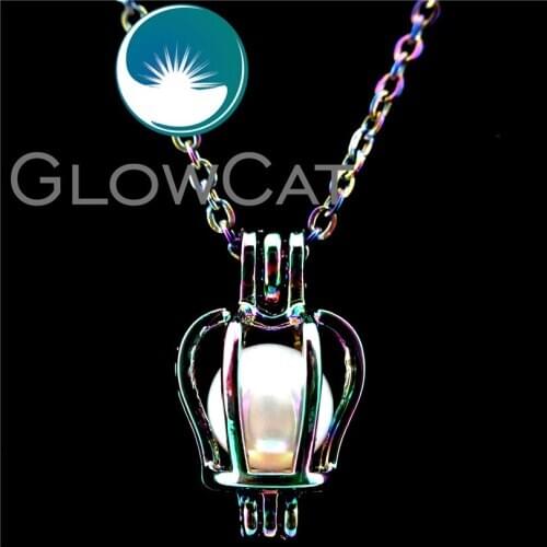 GLOWCAT C216 Rainbow Color Crown Beads Cage Pendant Essential Oil Diffuser Aromatherapy Pearl Cage Locket Necklace
