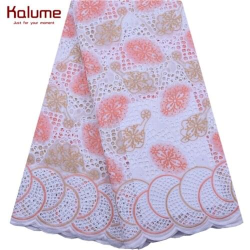 Kalume Peach Nigerian Swiss Voile Lace Fabric Holes African Cotton Lace Fabric With Stones For Dress Party Cotton Voile Lace1933