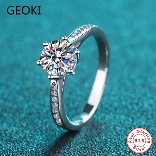 Geoki Passed Diamond Test 0.5-2 CT Perfect Cut Moissanite Party Ring 925 Sterling Silver Wedding Rings for Women Luxury Jewelry