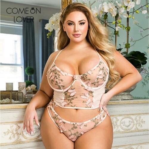 Comeonlover Embroidery Butterfly Bra Set Transparent Mesh Erotic Lingerie Panties Underwire Lace Up Sexy Underwear Set RI81023