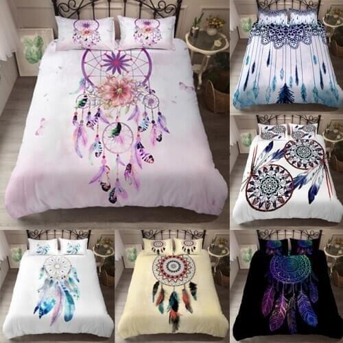Fashionable Girl Feather Dream Catcher Bedroom Decorative Quilt Cover and Pillow Case Polyester Bedding Set 3psc
