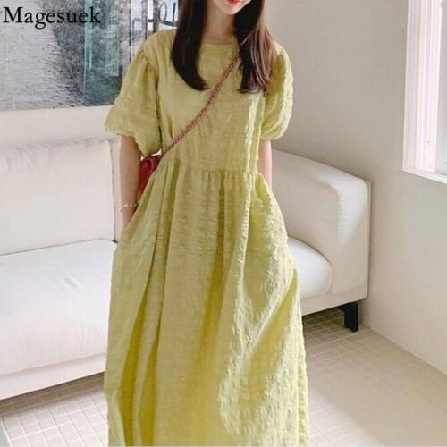 Korean Puff Sleeve Loose Green Dress Women Casual Vintage Summer Dress Pleated Female Plus Size Black Dresses Vestidos 15359