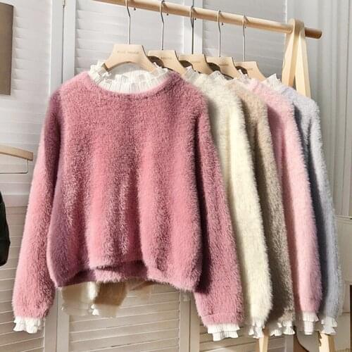 Soft Imitation Mink Velvet Fake Two-Piece Sweater Female New Autumn Winter Knitt Sweater Women Outer Wear Loose Sweater Lady