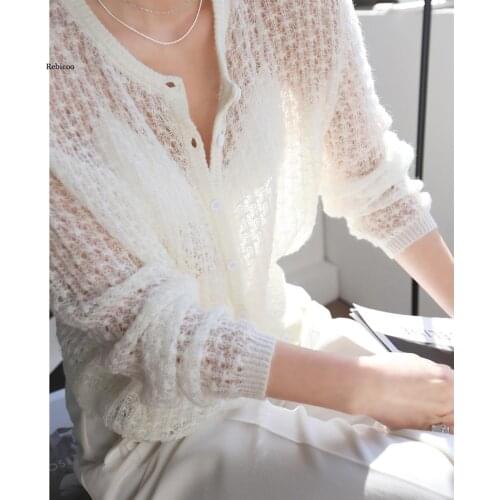 Gentle wind minority mohair hook flower hollow breathable thin knit cardigan sweater spring and summer women