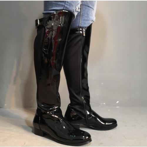 Sexy Women Back Stretch Patchwork Knight Knee Boots Ladies Round Toe Buckles Ladies Punk Style Square Heel Zipper Botas