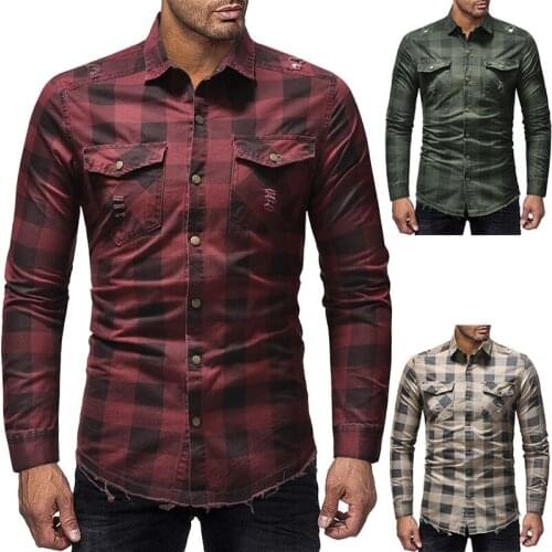 Fashion New Denim Men Long Sleeve Shirt Classic Plaid Hole Raw Hem Denim Shirt Free Shipping