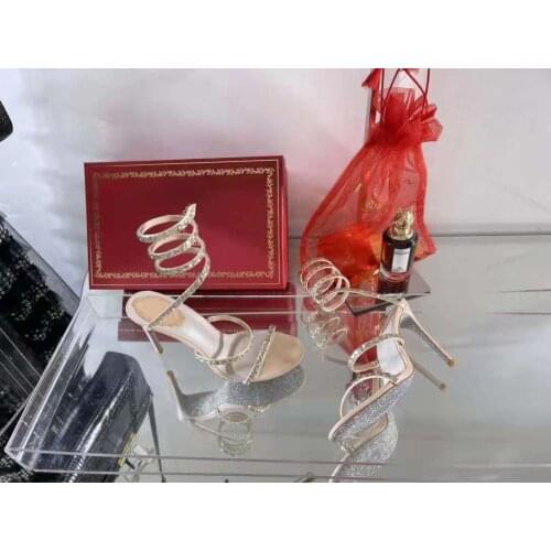 Women Cleo Chandelier Sandal Strass 80mm 8cm Heel Bling Bling Slender Straps Spiral Strap Crystals Sparkling Glitter Shoes