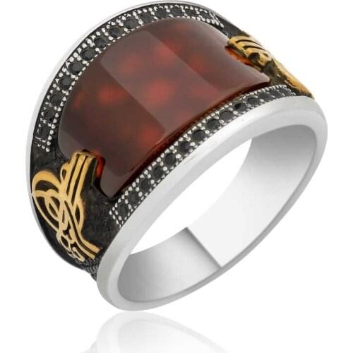 Tevuli 925 Sterling Silver Agate & Zircon Tuğra Crested Ring