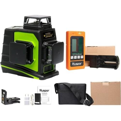 Huepar 12 Lines 3D Green Cross Line Laser Level Self-Leveling 360 Degree Vertical & Horizontal with LCD Receiver USB Charging