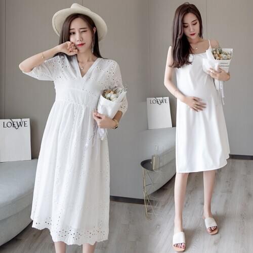 V Neck High Waist Slim Maternity Party Dress Sweet Lovely Hollow Out Cotton Clothes for Pregnant Women Summer Pregnancy Dress