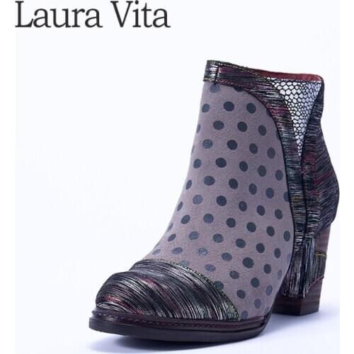 Laura Vita Genuine Leather Ankle Boots Women Shoes Vintage Dot Printed Autumn Winter 2019 Women Boots Square Mid Heels