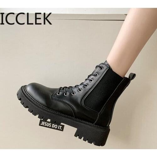2021 Winter Fashion Womens Boots Lace Up Mid-Calf Round Head Women Boots Black Square-Heel Mid-Heel Pu Women Shoes Botas Mujer