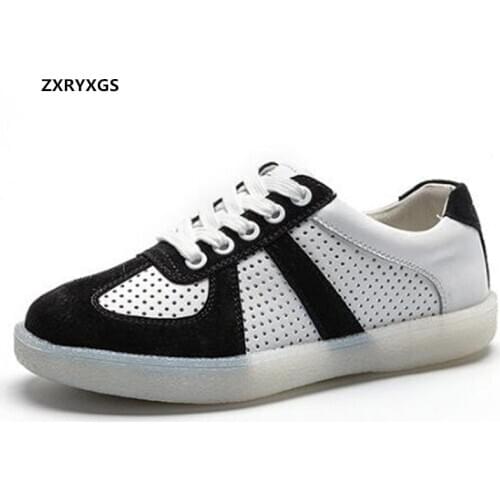 2021 New Hollow Stitching Spell Colors Genuine Leather Shoes Woman Sneaker Fashion Casual Shoes Soft Sole Flat Shoes Large Size