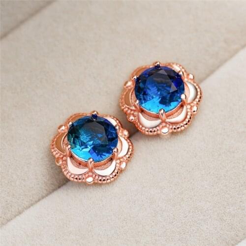 8MM Round Blue Green Gradient Stone Stud Earrings For Women Vintage Fashion Rose Gold Rainbow Crystal Zircon Earrings Party Gift