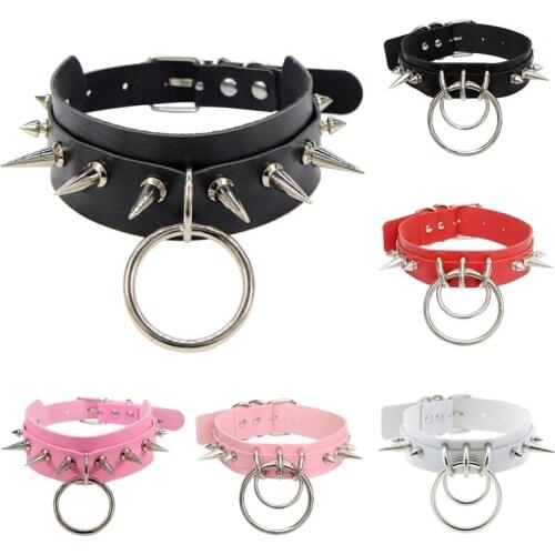 Womens Man Sexy Rivet Heart Round Metal PU Leather Collar Traction Rope Bondage Necklace Neckband Jewelry