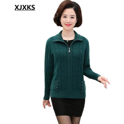 XJXKS Women Thick Winter Coat Knitted Zipper Cardigan High Quality Solid Color Turn-down Collar Crocheted Sweater 6115