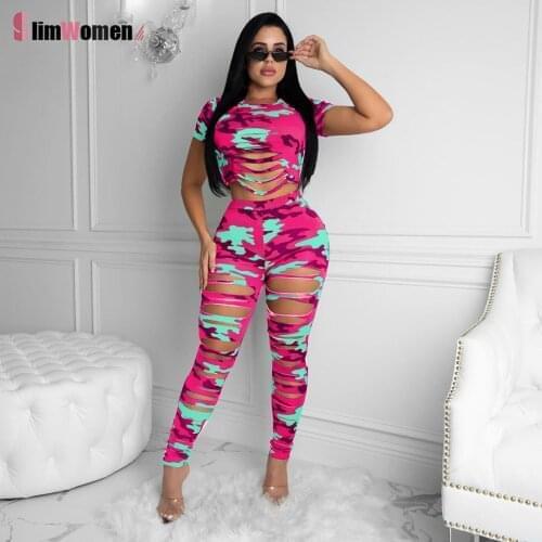 2PCS Female Streetwear Camouflage Tracksuit Set Sports Wear for Women Hole Crop Shirt + Hollow Pants Womens Summer Suit Clothes