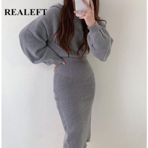 REALEFT Autumn Winter Warm Hooded Knitting Wrap Dresses Womens Solid High Waist Puff Sleeve Sheath Midi Dresses Female 2021 New