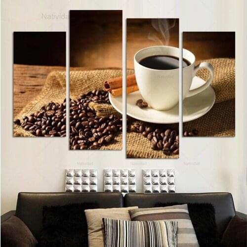 4 Pieces Canvas Painting Coffee and Beans On The Desk Wall Art Print Pictures Kitchen Room Modern Decor Modular Wallpaper
